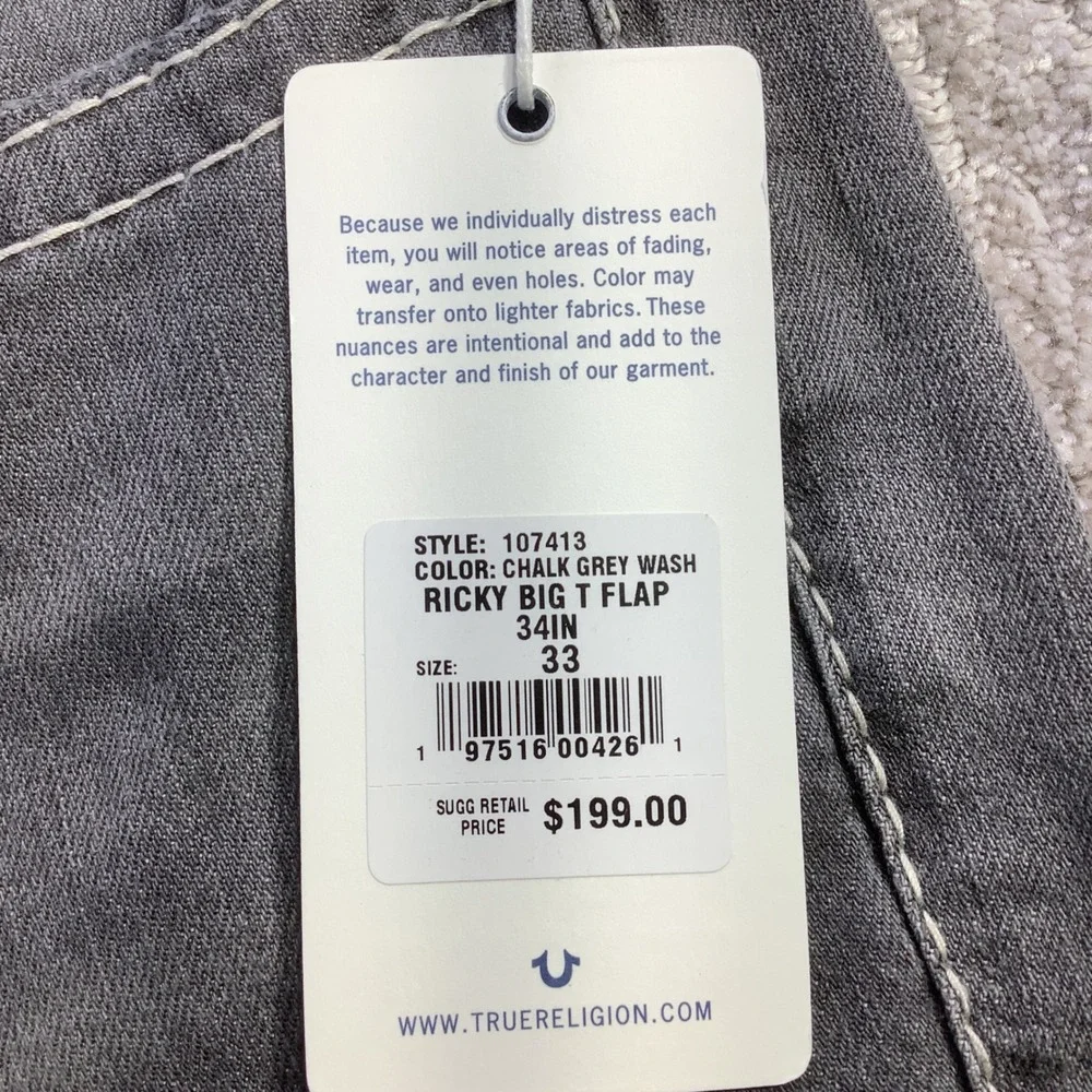 True Religion Ricky Big T Flap Relaxed Straight Jeans 33 x 34 (Actual 34x33) NWT